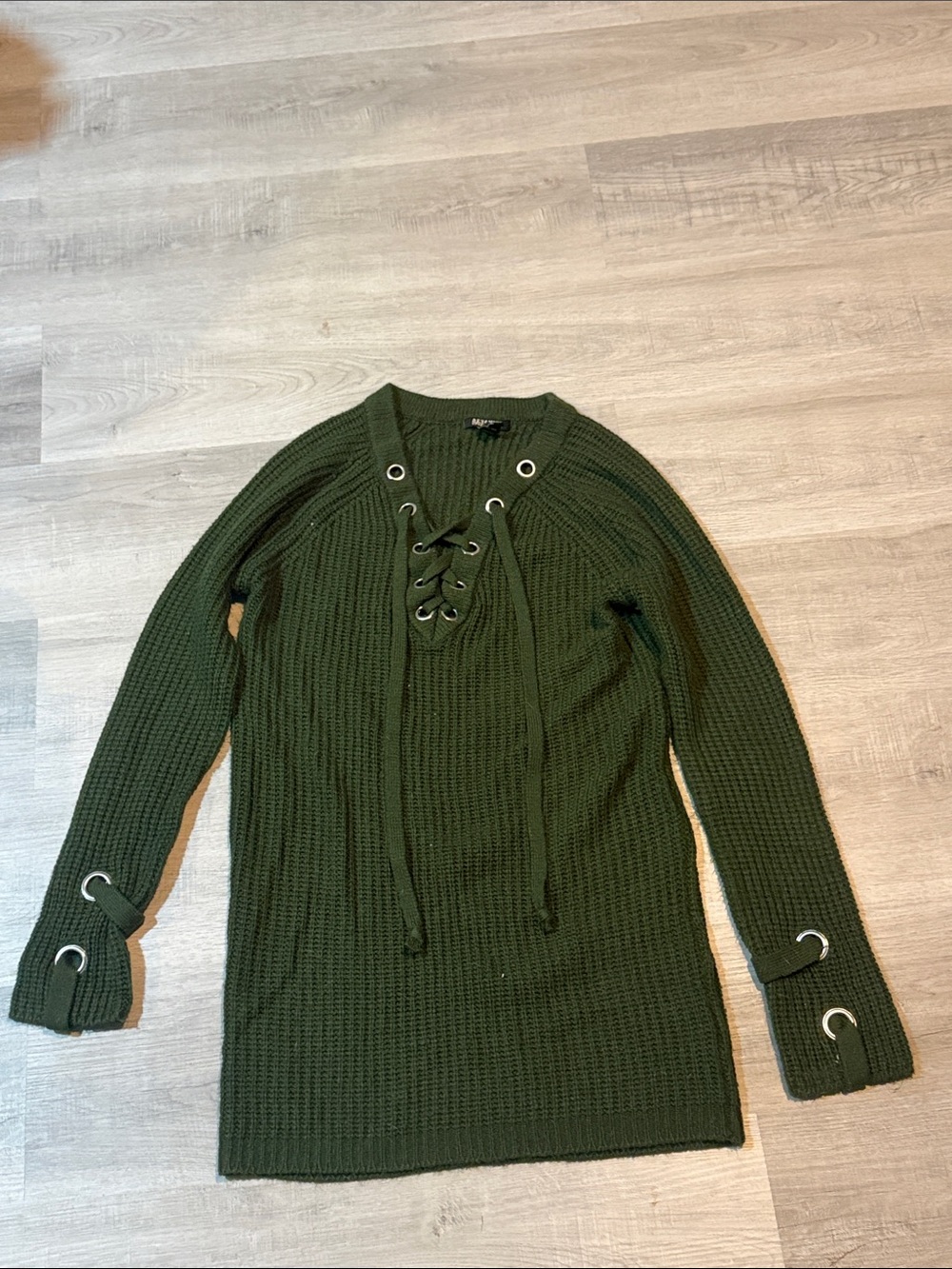 Revamped Olive Green Lace-Up Knit Sweater
